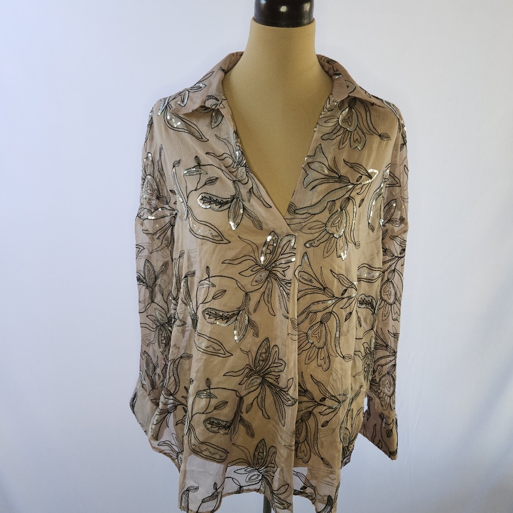 Zara Oversized Floral Sequin Sheer Blouse Dusty Pink Black - L